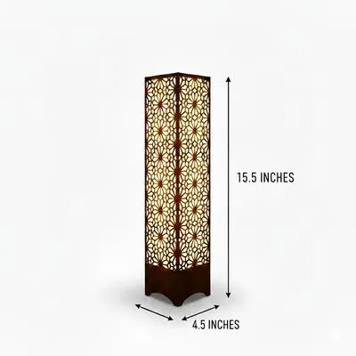Wooden Floor Lamp with Geometric Cutouts Dark Brown Golden Glow