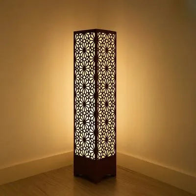 Wooden Floor Lamp with Geometric Cutouts Dark Brown Golden Glow