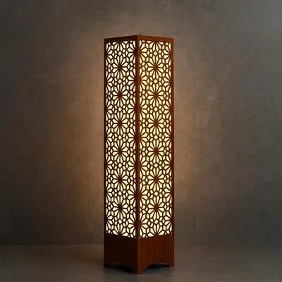 Wooden Floor Lamp with Geometric Cutouts Dark Brown Golden Glow